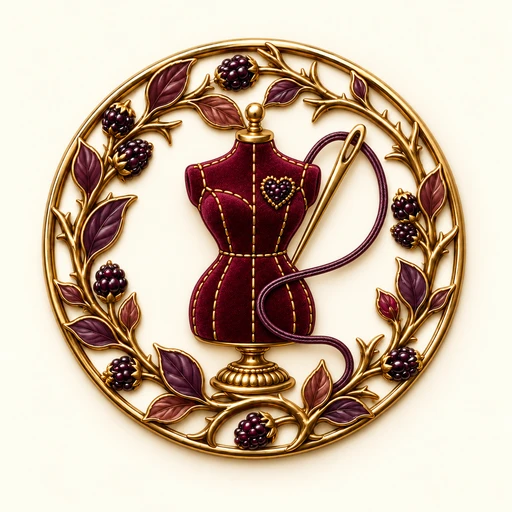 Founding Designer: plum dress form with a berry heart, needle and antique-gold thorn wreath